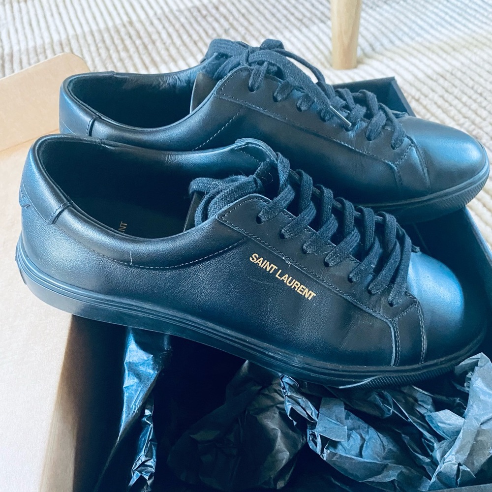YSL Saint Laurent Andy Black Leather Sneakers 38 $745 Like New